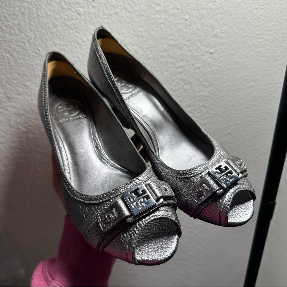 Tory Burch Silver Heels with Peep-Toe Design and Decorative Strap